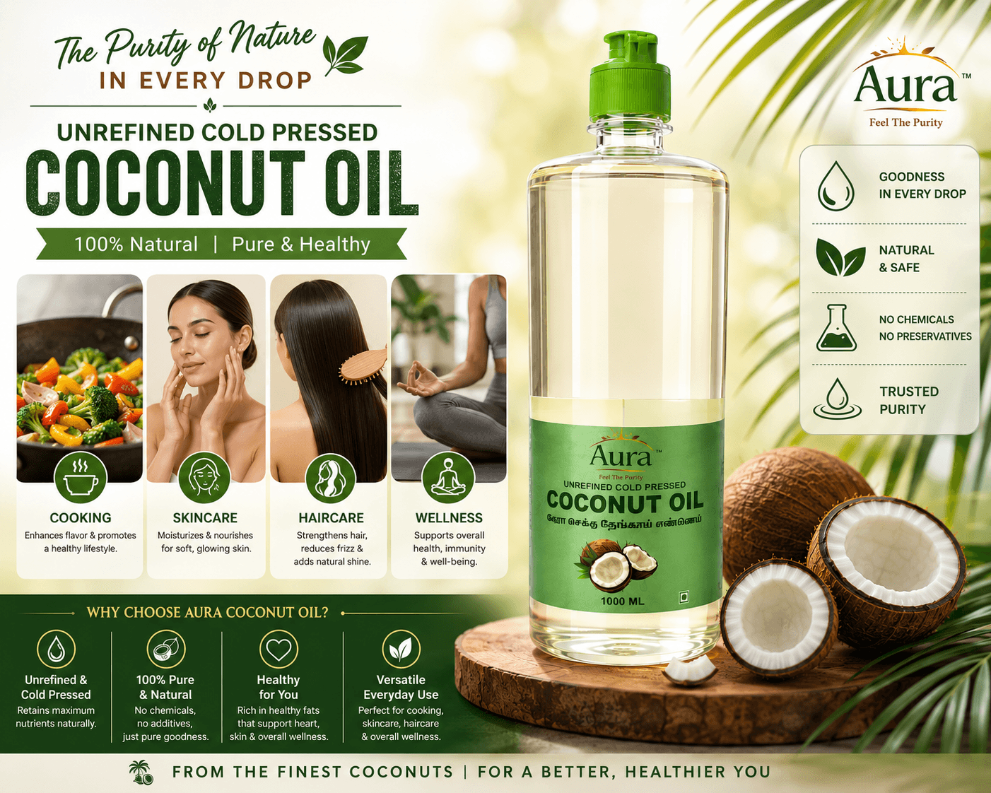 Aura cold-pressed coconut oil 1000ml bottle on rustic wood with fresh coconuts