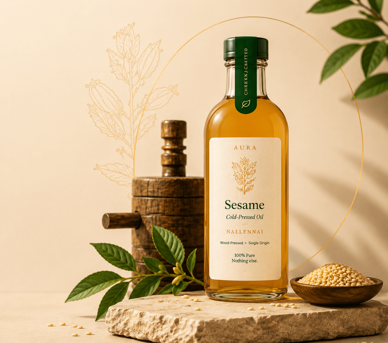 Aura cold-pressed sesame oil — bottle, wooden press, leaves and sesame seeds