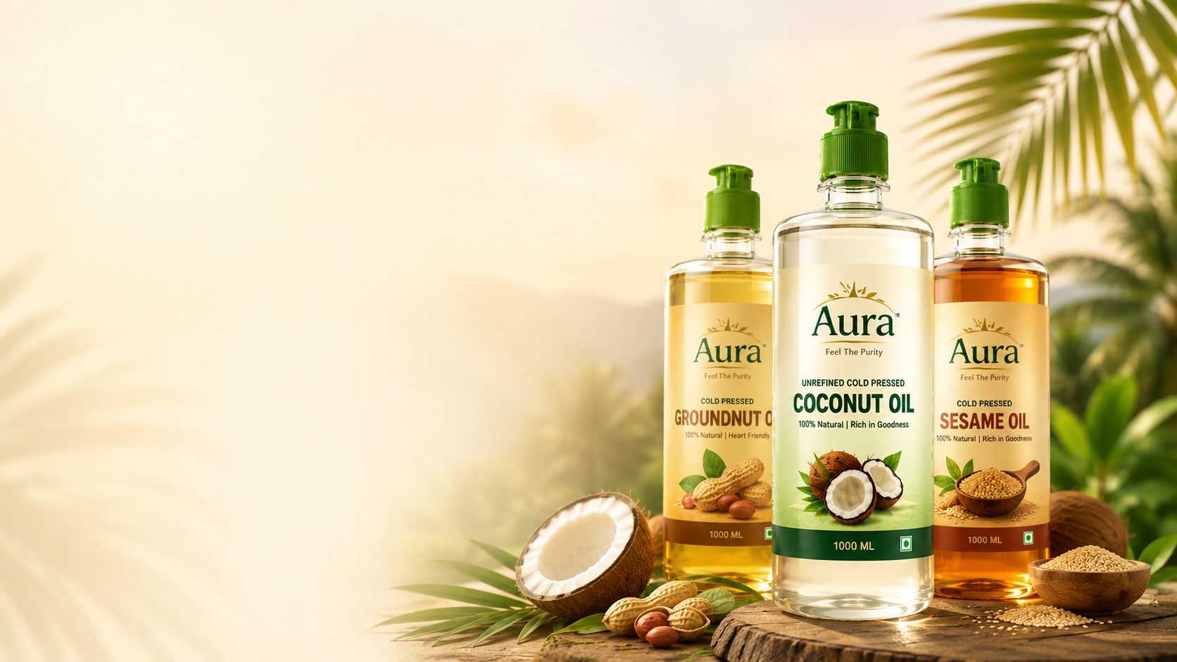 Aura cold-pressed coconut, groundnut and sesame oils — direct from our family farm